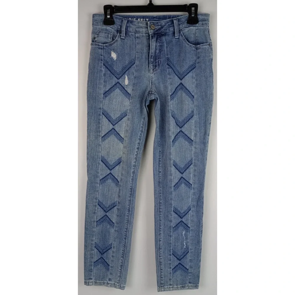 Laurie Felt LA Womens 0 Light Blue Classic Slim Leg Embroidered Chevron Jeans